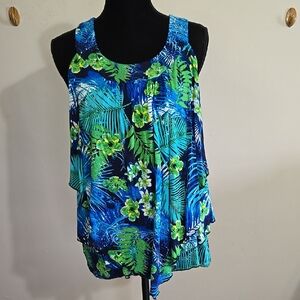 Tropical Tank Top Roz & Ali Size LG Full Straps V Shaped Hem Pleasted Front